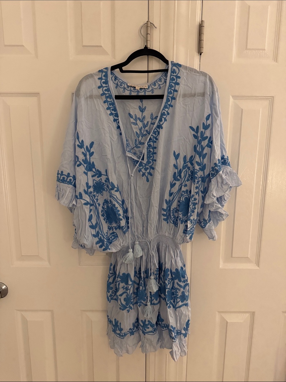 Light Blue Floral Embroidered Kaftan with Tassel Tie